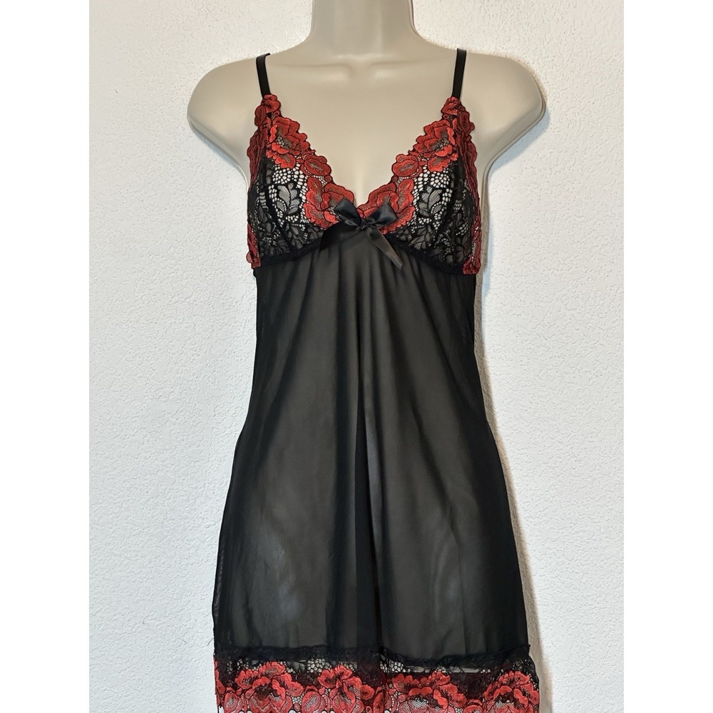 RSLOVE‎ Sheer Black Red Lace Slip Dress L Lingerie Chemise Coquette Whimsigoth